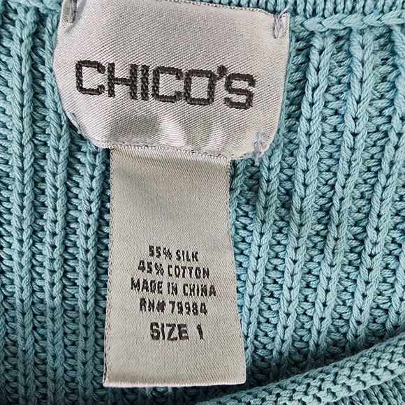 Chico’s Sweater Women’s Size 1 Medium Silk Blend V Neck Teal Cable Knit Preppy - Picture 7 of 8